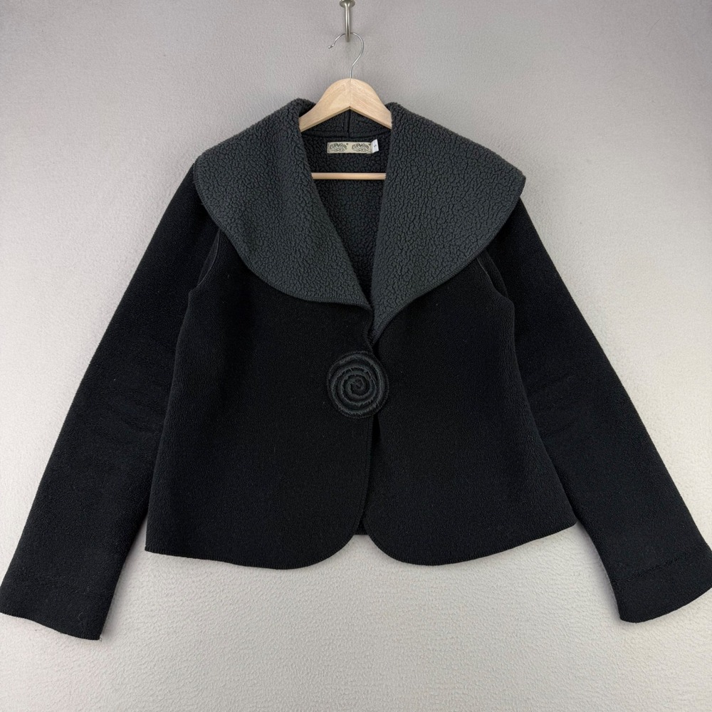 Cameleon Fleece Jacket Women S Black Boho Rosette Shawl Collar Artsy Lagenlook